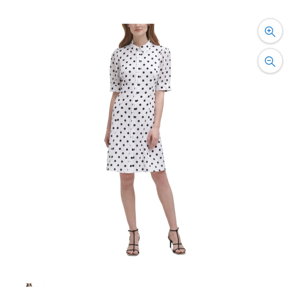 DKNY Womens White Fitted Button Front Lined Polka Dot Elbow Sleeve